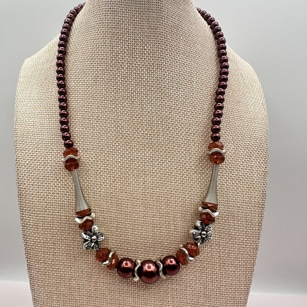 Vintage 90s Silver Tone Faux Pearl Beaded Necklace Boho Women's Classic Jewelry